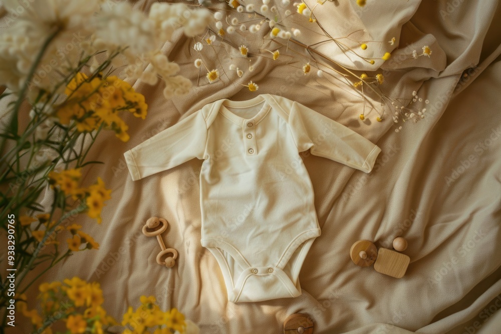 Cozy Autumn Baby Bodysuit Flat Lay Surrounded by Yellow Flowers and Wooden Toys for Seasonal Design and Decor Cozy Autumn Baby Bodysuit Flat Lay Surrounded by Yellow Flowers and Wooden Toys for Seasonal Design and Decor