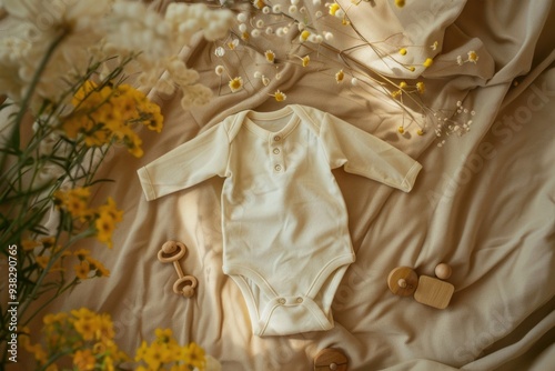 Cozy Autumn Baby Bodysuit Flat Lay Surrounded by Yellow Flowers and Wooden Toys for Seasonal Design and Decor