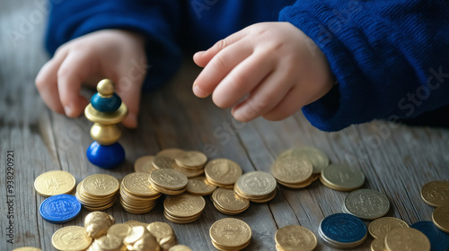 Child playing with a Hanukkah dreidel and chocolate coins on a wooden table photo