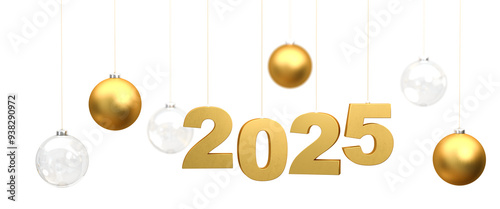 Happy New Year 2025 - the golden numbers 2025 hanging on strings surrounded by golden and transparent glass christmas baubles hanging on strings. Includes semitransparency in the png photo