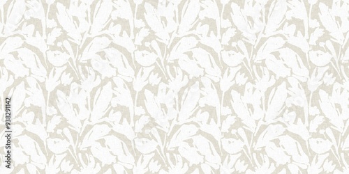 Seamless french gender neutral floral linen printed fabric border background. Light mottled white on grey cottage core block print pattern. Shabby chic woven duotone cloth effect. 