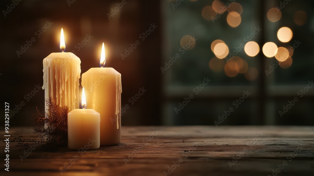 Three candles are lit on a wooden table