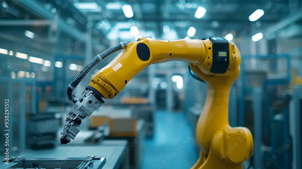 A close-up view of a yellow industrial robotic arm in a modern factory setting, showcasing advanced automation technology in action. 