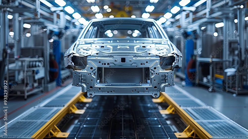 The frame of a vehicle is visible inside a car manufacturing plant, featuring advanced lighting, and machinery that highlights the structured setup of the production process. The frame of a vehicle is visible inside a car manufacturing plant, featuring advanced lighting, and machinery that highlights the structured setup of the production process.