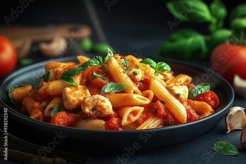 Photo of A plate of pasta with tomatoes and basil photo