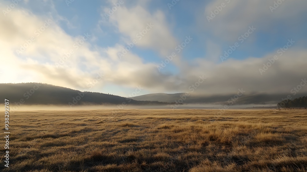 Obraz premium A serene landscape depicting a misty meadow at dawn, with soft clouds hovering over distant hills, creating a peaceful and tranquil atmosphere. 