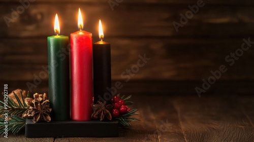 Wallpaper Mural Three candles are lit on a wooden table with pine cones and berries. The candles are arranged in a row, with one green, one red, and one black. The scene conveys a warm and cozy atmosphere Torontodigital.ca