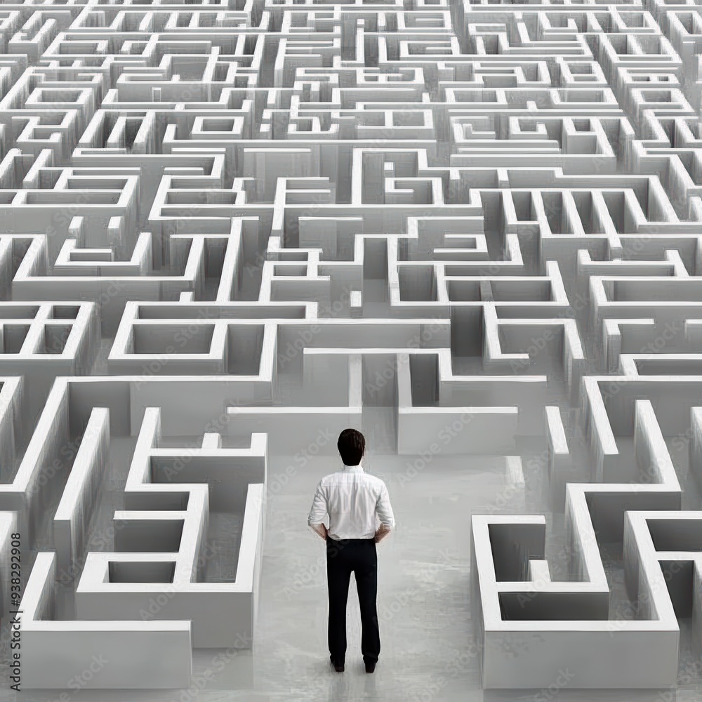 A businessman stands in front of a complex maze, symbolizing the difficulties on the way to success. A businessman stands in front of a complex maze, symbolizing the difficulties on the way to success.