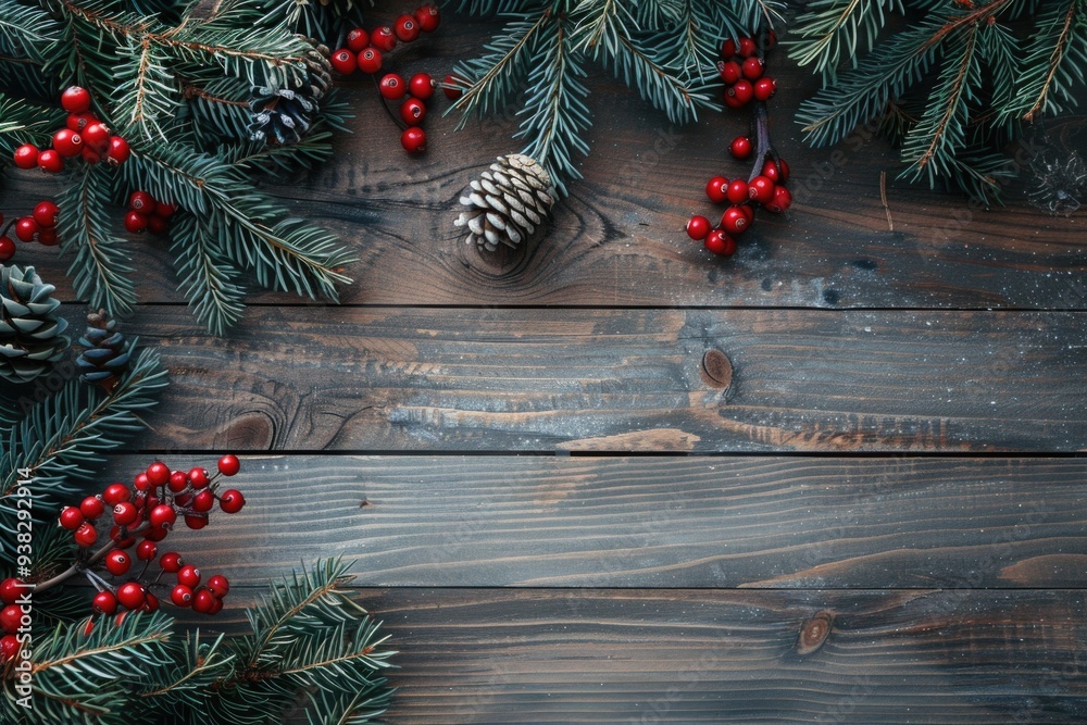 A wooden table decorated with pine cones and red berries, perfect for rustic or nature-themed designs A wooden table decorated with pine cones and red berries, perfect for rustic or nature-themed designs