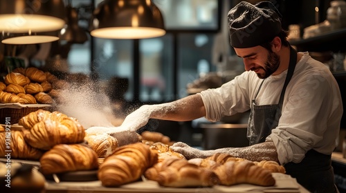 A traditional French bakery with croissants and baguettes fresh out of the oven, a baker dusting powdered sugar on pastries. A baker skillfully prepares fresh croissants in a warmly lit artisan bakery photo