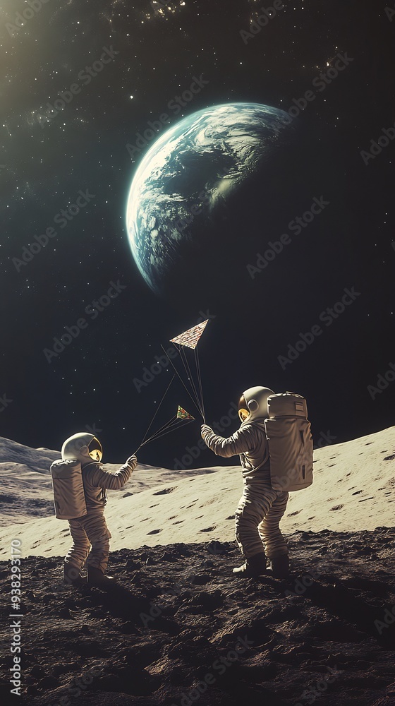 Obraz premium Two Astronauts Flying a Kite on the Moon with Earth in the Background