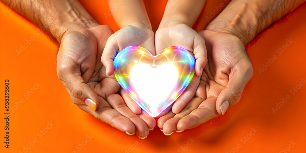 Holographic family hands holding glowing heart on white background, symbolizing unity and love in diverse families. Ideal for social campaigns and promotions. Photo Stock concept. Holographic family hands holding glowing heart on white background, symbolizing unity and love in diverse families. Ideal for social campaigns and promotions. Photo Stock concept.