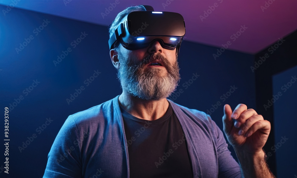 Man with beard in VR headset looking up with amazed expression. Man with beard in VR headset looking up with amazed expression.
