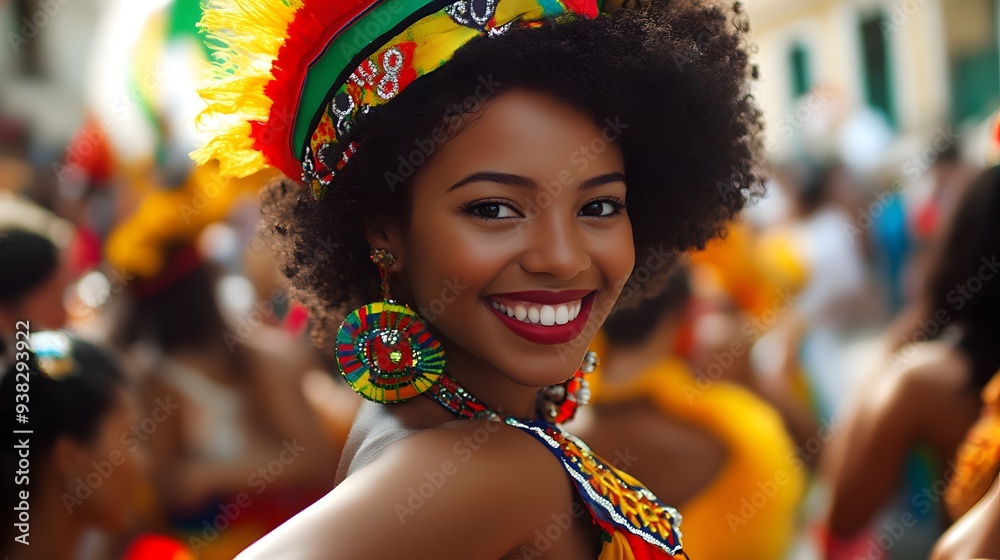 A vibrant, smiling woman wears colorful traditional attire and accessories, embodying the spirit of a lively cultural carnival festival. A vibrant, smiling woman wears colorful traditional attire and accessories, embodying the spirit of a lively cultural carnival festival.