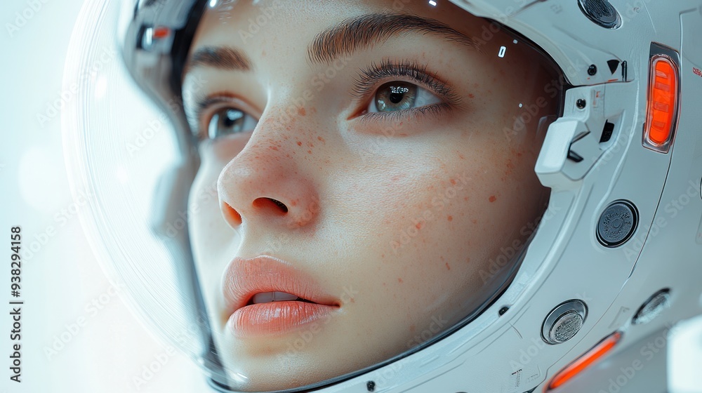 A woman wearing a white astronaut helmet looks up and to the right with a contemplative expression, ready for space exploration. A woman wearing a white astronaut helmet looks up and to the right with a contemplative expression, ready for space exploration.