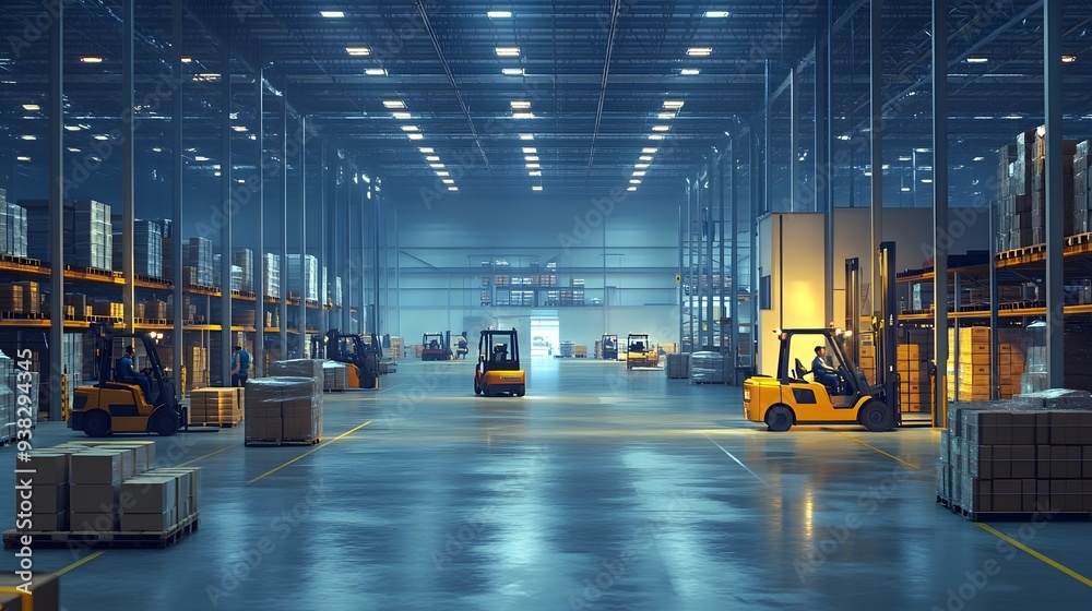 A spacious warehouse interior featuring modern forklifts maneuvering among stacks of boxes and pallets, illuminated by ambient lighting. A spacious warehouse interior featuring modern forklifts maneuvering among stacks of boxes and pallets, illuminated by ambient lighting.