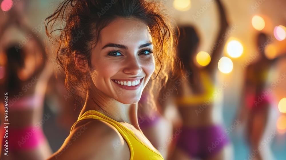Naklejka premium Energetic group of women enjoying dance fitness for healthy life