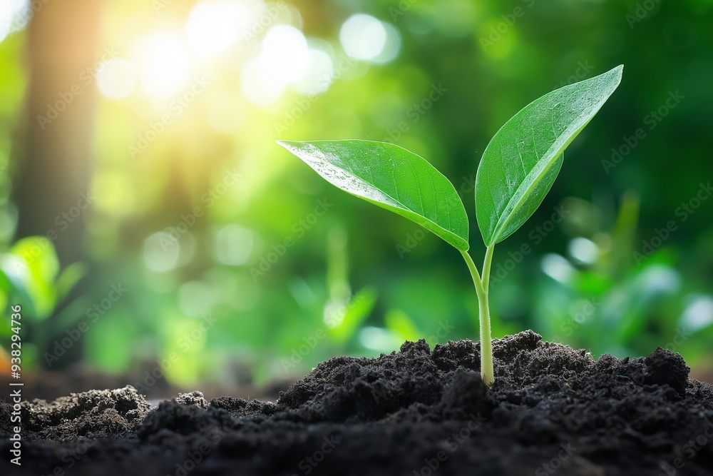 A green sprout with two leaves emerging from rich, dark soil, bathed in sunlight, signifying new growth and life. A green sprout with two leaves emerging from rich, dark soil, bathed in sunlight, signifying new growth and life.