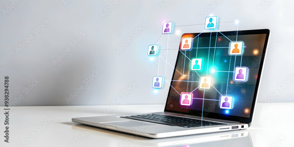 Modern laptop with holographic document sharing icons on white background. Highlighting easy document sharing in virtual meetings with advanced tools. Zoom in on glowing icons. Ideal for stock photos. Modern laptop with holographic document sharing icons on white background. Highlighting easy document sharing in virtual meetings with advanced tools. Zoom in on glowing icons. Ideal for stock photos.