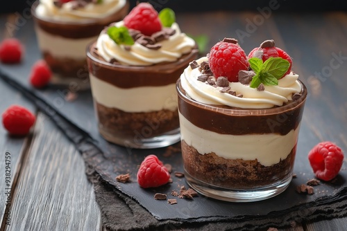 A sumptuous layered dessert in a glass featuring chocolate, cream, fresh raspberries, and mint leaves on a board.