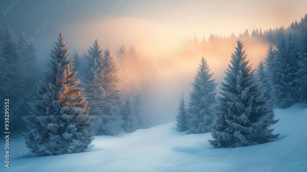 ethereal winter landscape of snowcovered pine forest in misty mountains soft diffused light creates a dreamy atmosphere with delicate ice crystals glistening on branches ethereal winter landscape of snowcovered pine forest in misty mountains soft diffused light creates a dreamy atmosphere with delicate ice crystals glistening on branches