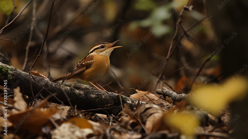 Carolina Wren (Thryothorus ludovicianus) bird singing from a low branch in a dense thicket, surrounded by underbrush and fallen leaves.. A small brown bird, perched amidst fallen leaves Carolina Wren (Thryothorus ludovicianus) bird singing from a low branch in a dense thicket, surrounded by underbrush and fallen leaves.. A small brown bird, perched amidst fallen leaves
