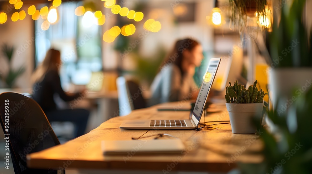 A cozy co-working space with warm lighting and green plants, featuring a laptop on a wooden desk and professionals engaged in work. A cozy co-working space with warm lighting and green plants, featuring a laptop on a wooden desk and professionals engaged in work.