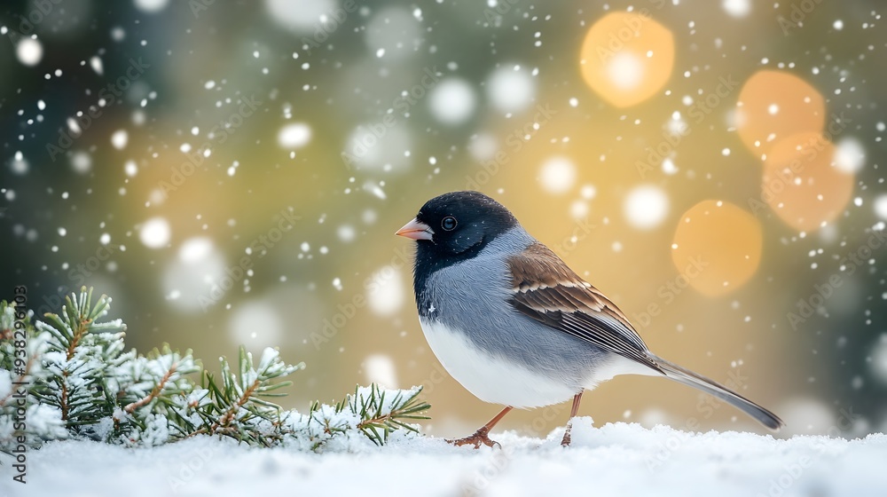 Dark-eyed Junco (Junco hyemalis) foraging on the ground in a snowy winter landscape, with evergreen trees in the background and light snow falling.. A solitary bird stands elegantly on fresh snow, sur Dark-eyed Junco (Junco hyemalis) foraging on the ground in a snowy winter landscape, with evergreen trees in the background and light snow falling.. A solitary bird stands elegantly on fresh snow, sur