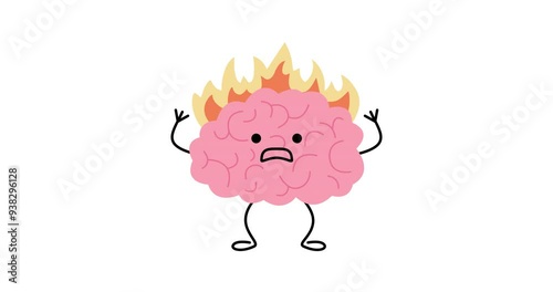 Brain with fire animated on white background. Burnout on stress, cute kawaii character. Intense brain activity from overwork, tension, multitasking. Video 4K motion graphic element animation