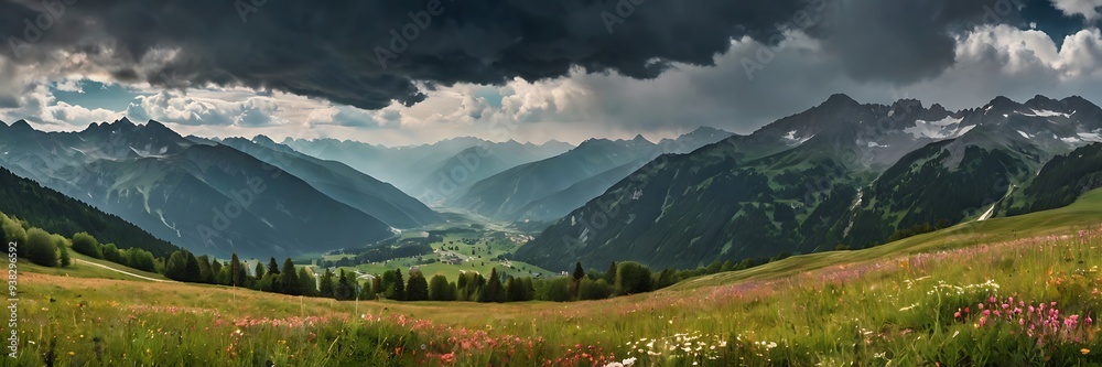 Naklejka premium panorama, nature, flower, meadow, mountain, travel, summer, landscape, grass, beautiful, sky, background, outdoors, scenery, cloud, valley