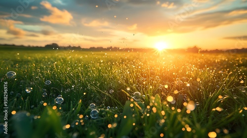 A serene Frutiger Aero-style background featuring a green field with floating clouds and bubbles under a sunset.