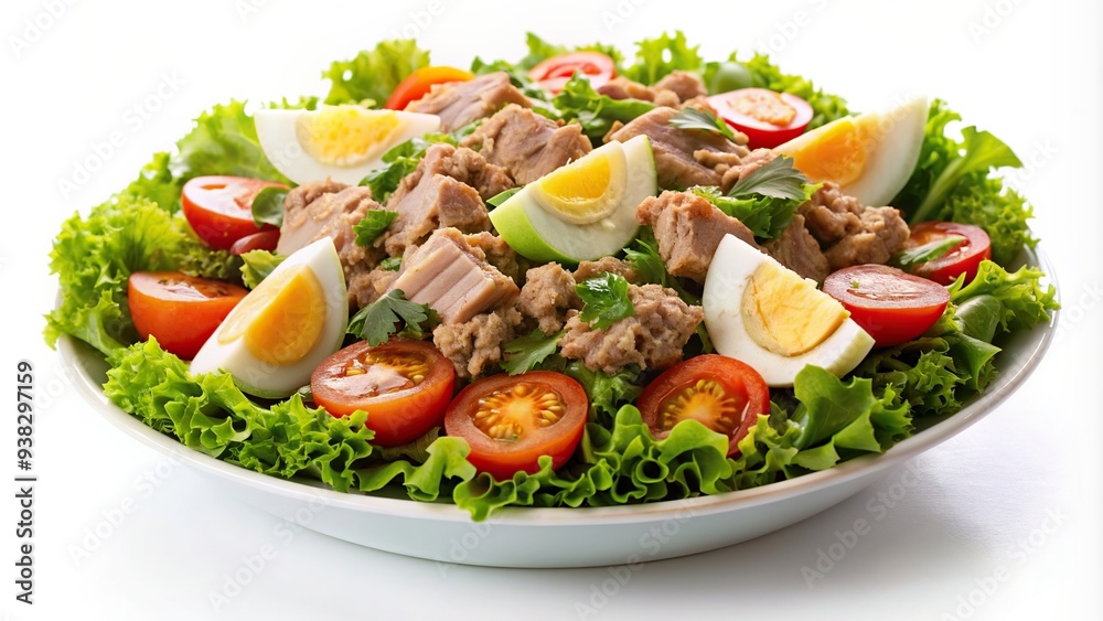 Tuna salad with sliced egg isolated on white Extreme Close Up, low calorie, protein, tomatoes, lunch, cucumber, parsley, high angle view,tuna salad, culinary, nutrition, isolated, food Tuna salad with sliced egg isolated on white Extreme Close Up, low calorie, protein, tomatoes, lunch, cucumber, parsley, high angle view,tuna salad, culinary, nutrition, isolated, food