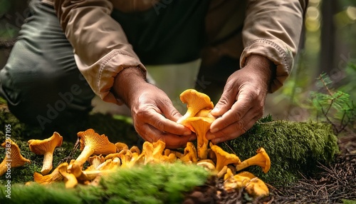 Golden chanterelle mushrooms being picked in a forest by a forager.