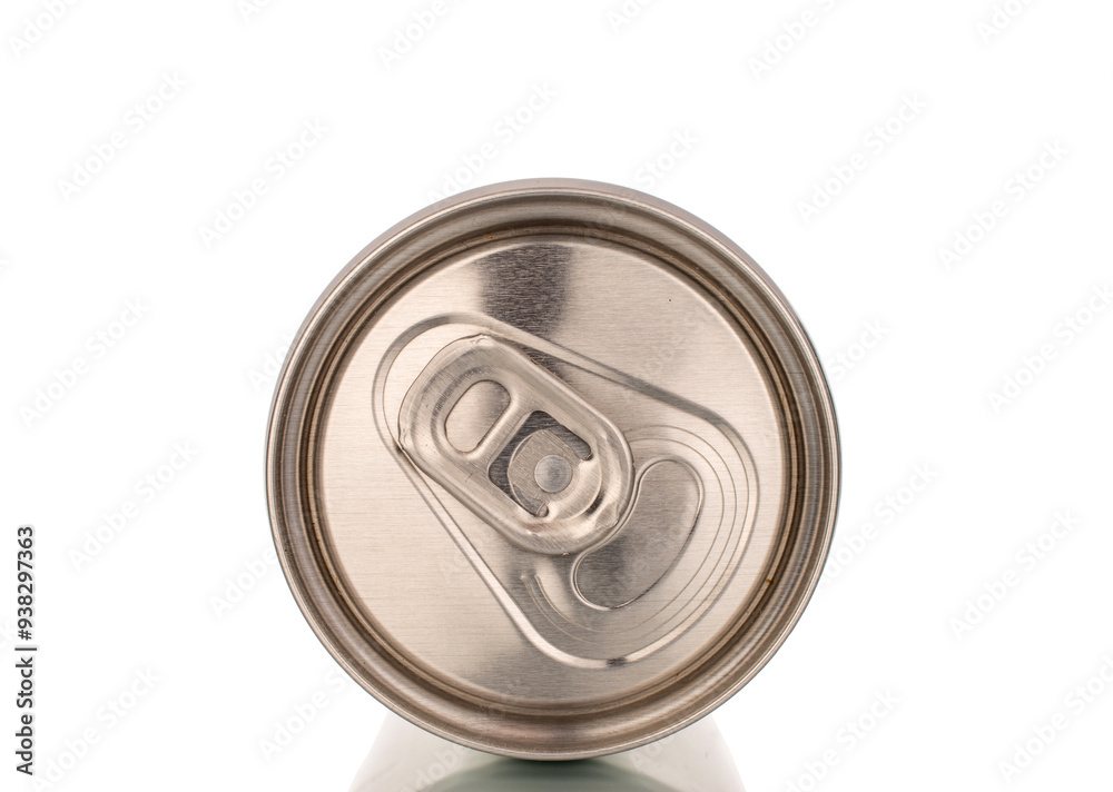 Metal can with drink, macro, isolated on white background.