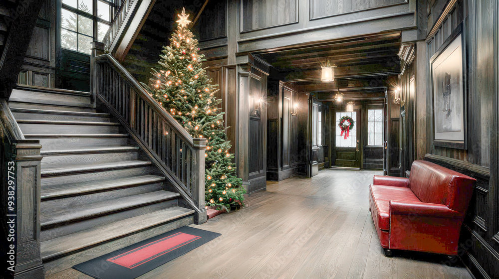 Fototapeta premium Elegance of the Holiday Season A Luxurious Interior Adorned with a Majestic Christmas Tree Illuminating the Room with Festive Warmth and Timeless Sophistication