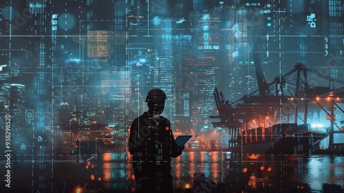 Mastering the Digital Harbor: A lone engineer navigates the complexities of global logistics, tablet illuminating the night as data streams from a futuristic shipping port.