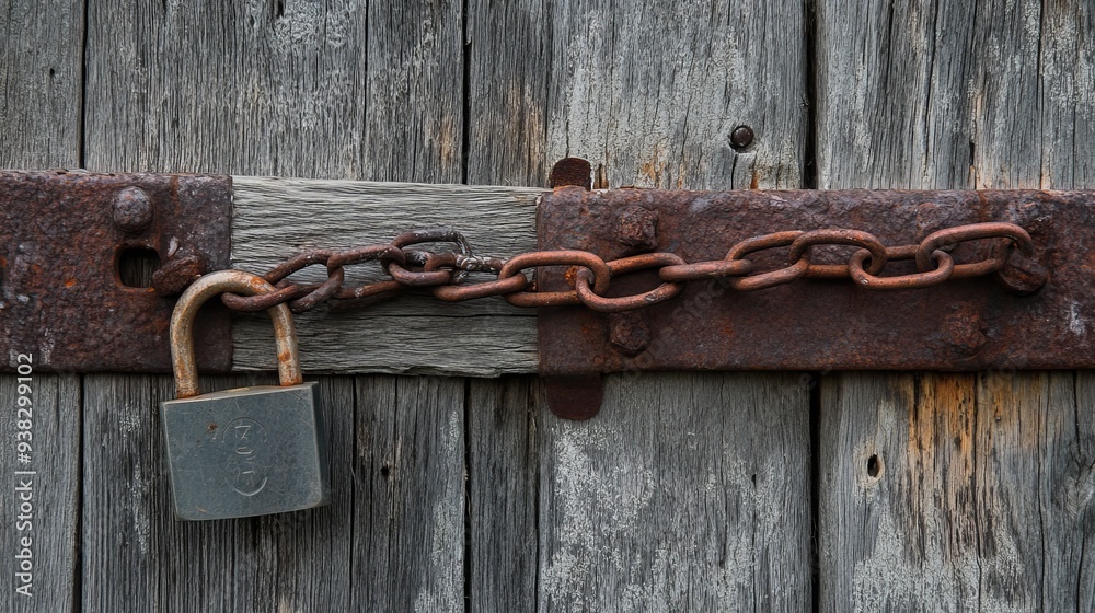 A new padlock and chain on an ancient wooden barn door on Cape Cod A new padlock and chain on an ancient wooden barn door on Cape Cod