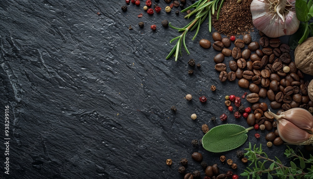 Fototapeta premium Aromatic Culinary Canvas: Fresh herbs and spices artfully arranged on a dark slate backdrop, inviting culinary creativity. 
