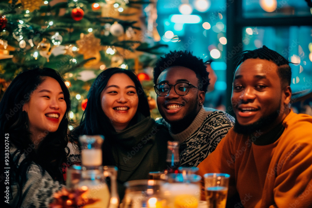 AI generated photo of people celebrating New Year and Christmas in a festive atmosphere with a decorated Christmas tree and holiday winter decoration in the background