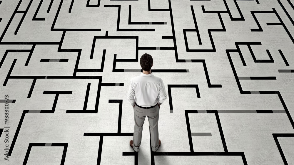 A businessman stands in front of a complex maze, symbolizing the difficulties on the way to success. A businessman stands in front of a complex maze, symbolizing the difficulties on the way to success.