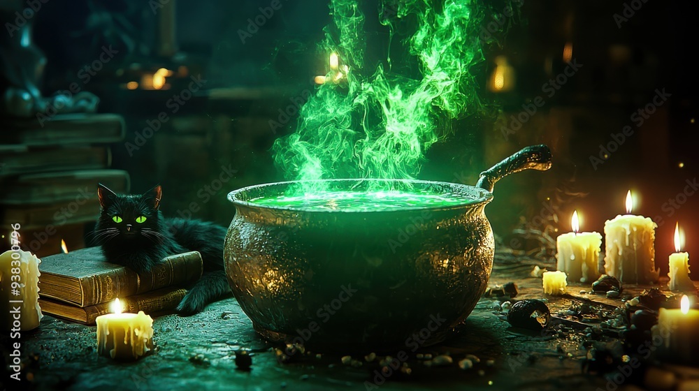 A witch's cauldron bubbling with a glowing green potion, surrounded by candles, spell books, and a black cat, creating an enchanting and mystical atmosphere. A witch's cauldron bubbling with a glowing green potion, surrounded by candles, spell books, and a black cat, creating an enchanting and mystical atmosphere.