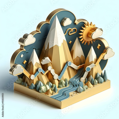 3D Flat Icon: Platinum Price Peak and Valley Concept with Whimsical Background | Precious Metal Market Shifts | Isolated White photo