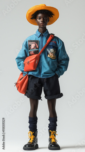A male doll in black shorts, a blue long-sleeve shirt, red shoulder bag, and yellow hat stands with arms folded against a white background, showcasing a cool and colorful look.