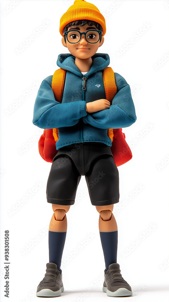 A male doll in black shorts, a blue long-sleeve shirt, red shoulder bag, and yellow hat stands with arms folded against a white background, showcasing a cool and colorful look.