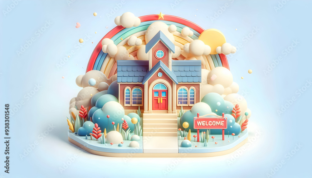 Fototapeta premium Whimsical School Entrance Welcome Sign Symbolizing Inclusive Environment 3D Flat Icon Concept on White Background