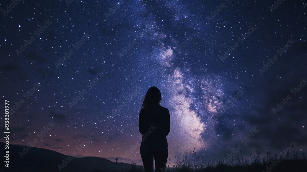 
a joung woman in camping looking at the Milky way