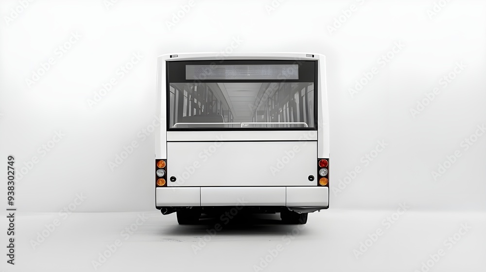 An isolated rear view of a white bus, focusing on the rear bumper, tail ...