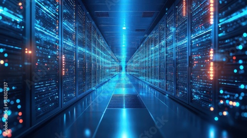 futuristic data center interior with rows of sleek server racks pulsing with blue light conveying highperformance computing and advanced technology