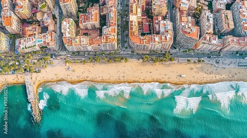 Aerial view made with a drone of la Barceloneta beach and residential district, situated in Barcelona - Spain