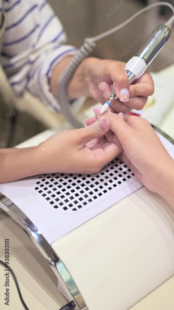 Vertical video of A close up of manicure session, showcasing hands receiving nail care with nail drill, highlighting attention to detail and relaxation. Vertical video of A close up of manicure session, showcasing hands receiving nail care with nail drill, highlighting attention to detail and relaxation.